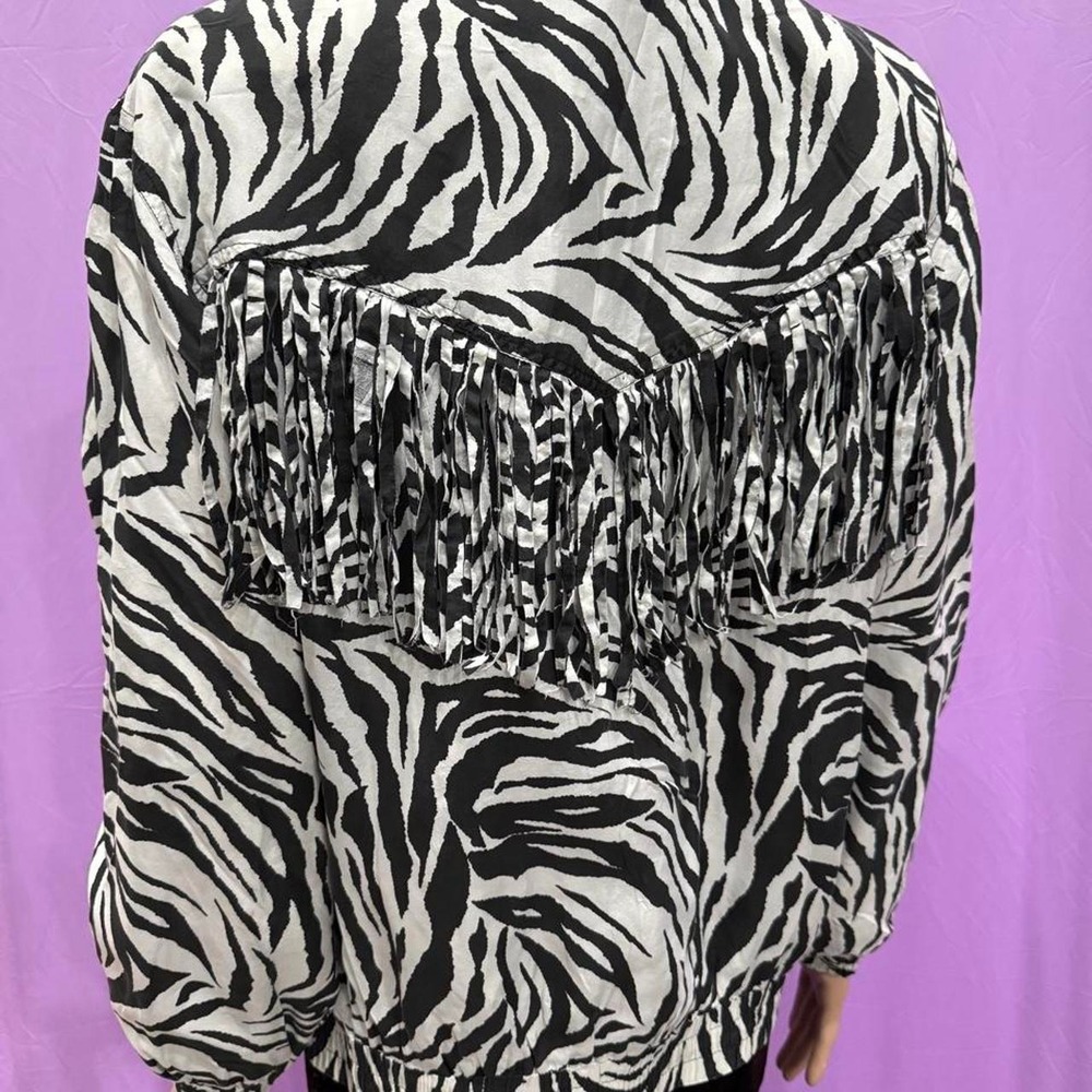 ABVIEN Zebra Print Silk Fringe Jacket Black White Festival Rave Women Small - Picture 2 of 4